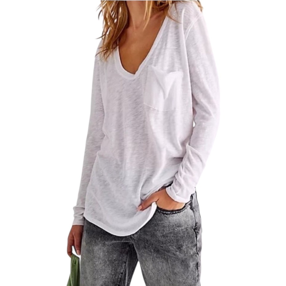 We‎ The Free Betty Long Sleeve V Neck Pocket Tee Shirt Women's Small Slub Knit